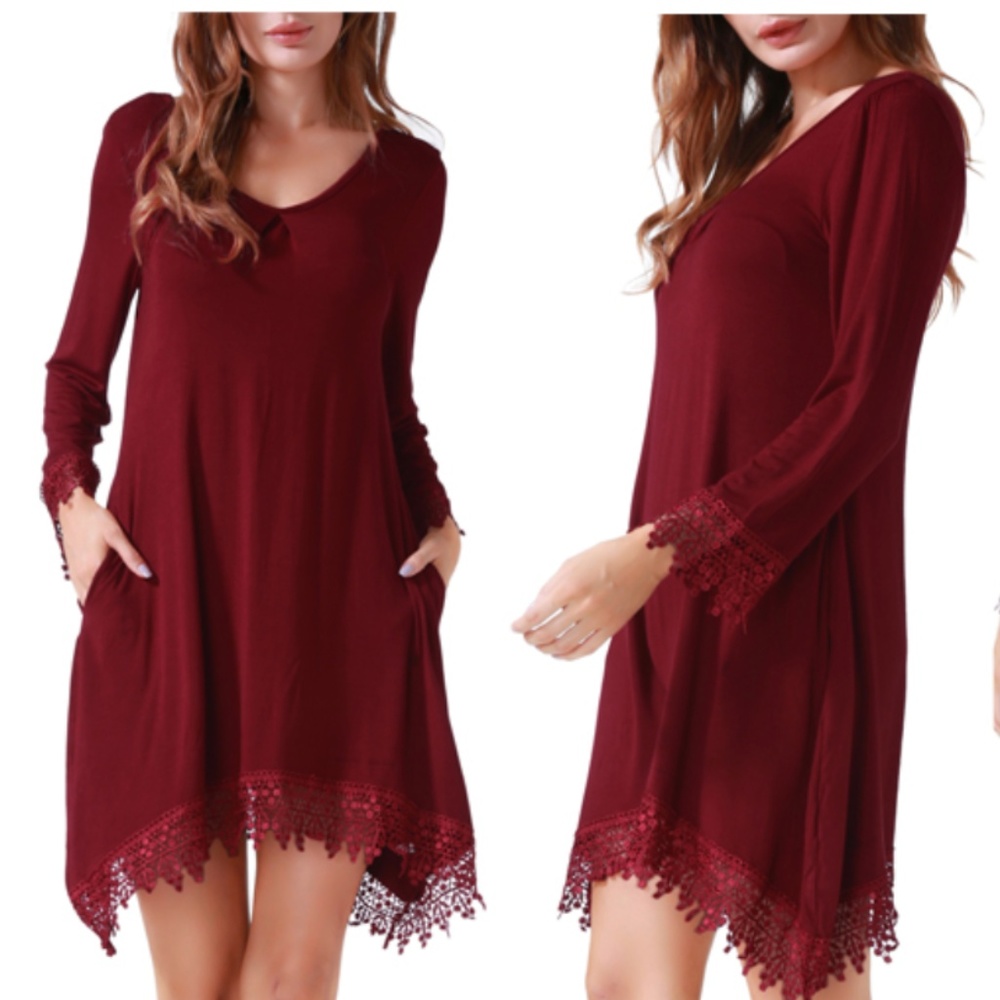 🌺Red Casual Long Sleeve Tunic Lace Dress